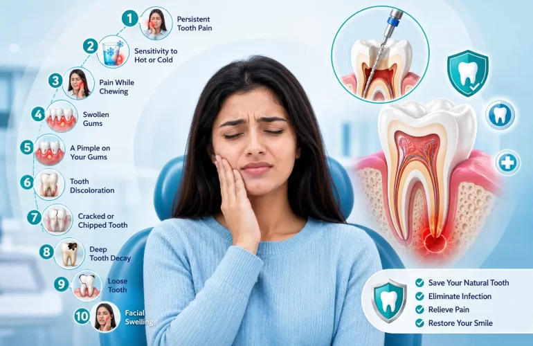 Patient experiencing severe tooth pain with dental illustration showing infected tooth and root canal treatment procedure at Dental Galaxy Pune.