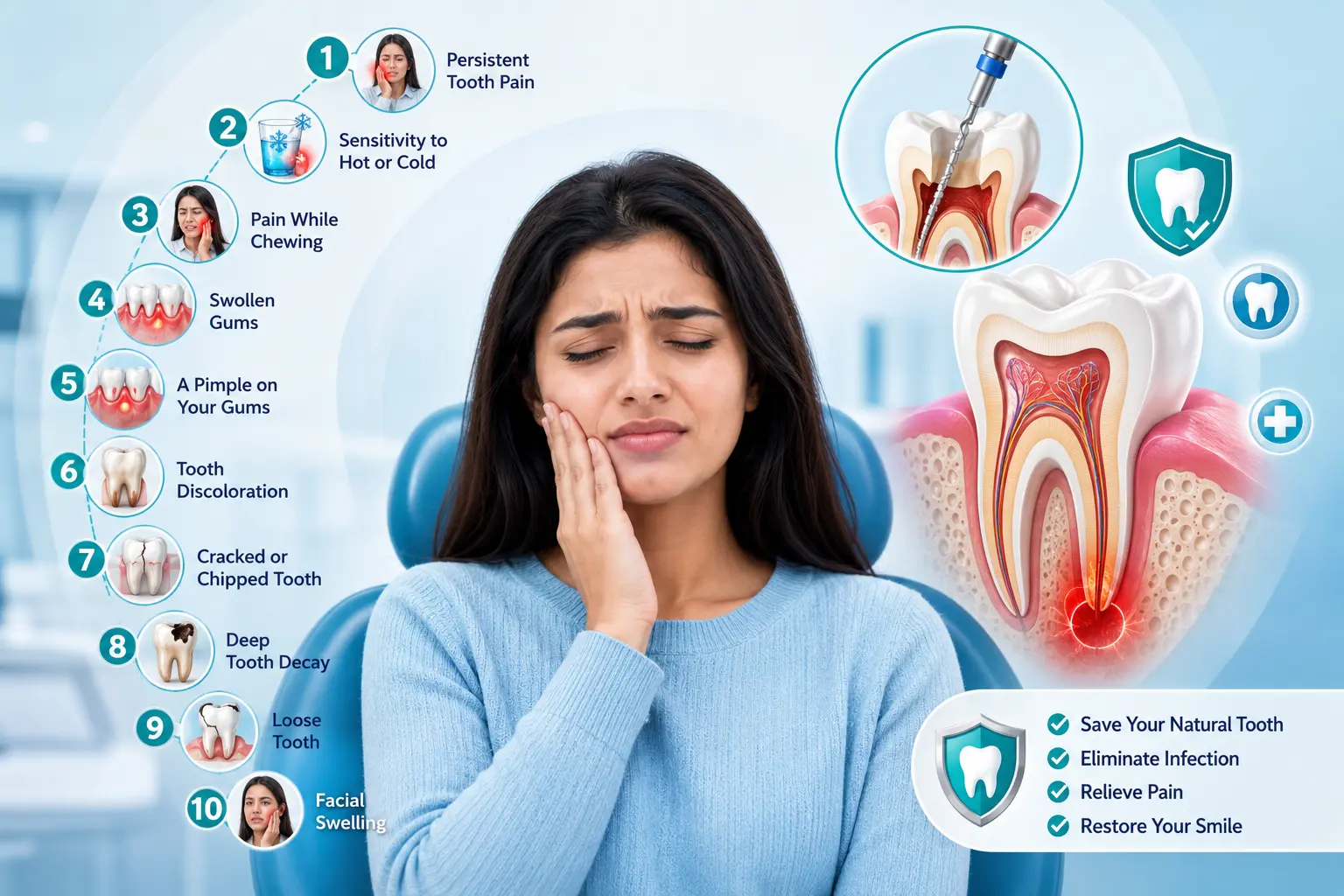 Patient experiencing severe tooth pain with dental illustration showing infected tooth and root canal treatment procedure at Dental Galaxy Pune.